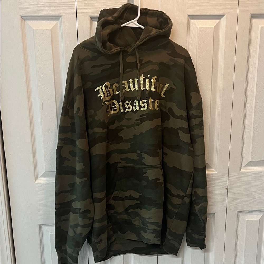Camo Pullover Hoodie with 'Beautiful Disaster' Gold Lettering - Olive Green